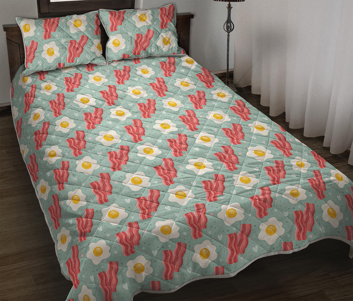 Blue Fried Egg And Bacon Pattern Print Quilt Bed Set