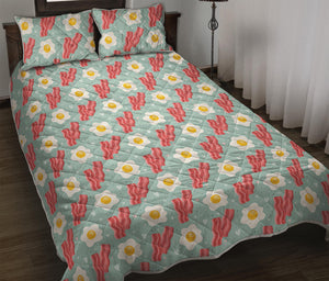 Blue Fried Egg And Bacon Pattern Print Quilt Bed Set