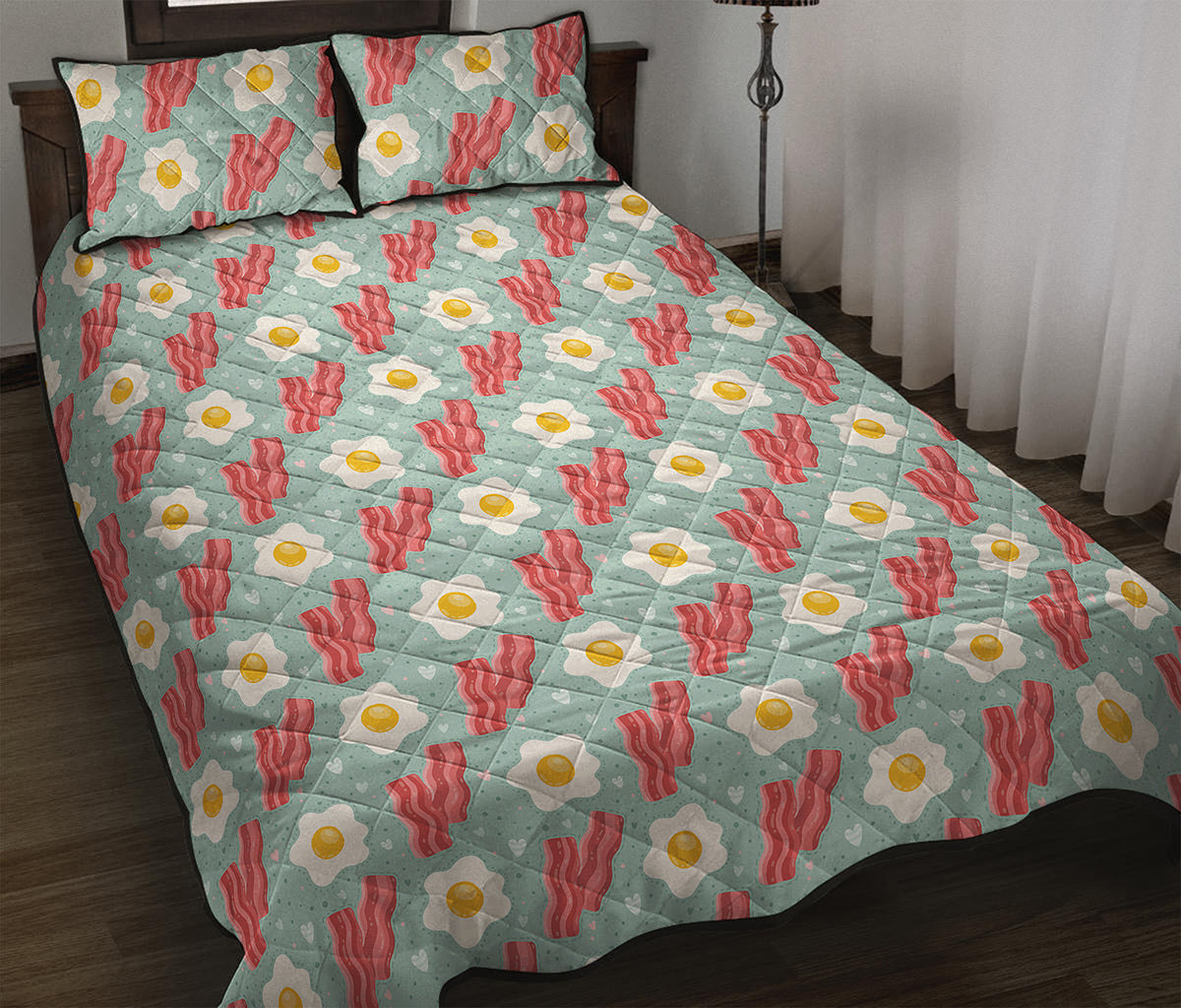 Blue Fried Egg And Bacon Pattern Print Quilt Bed Set