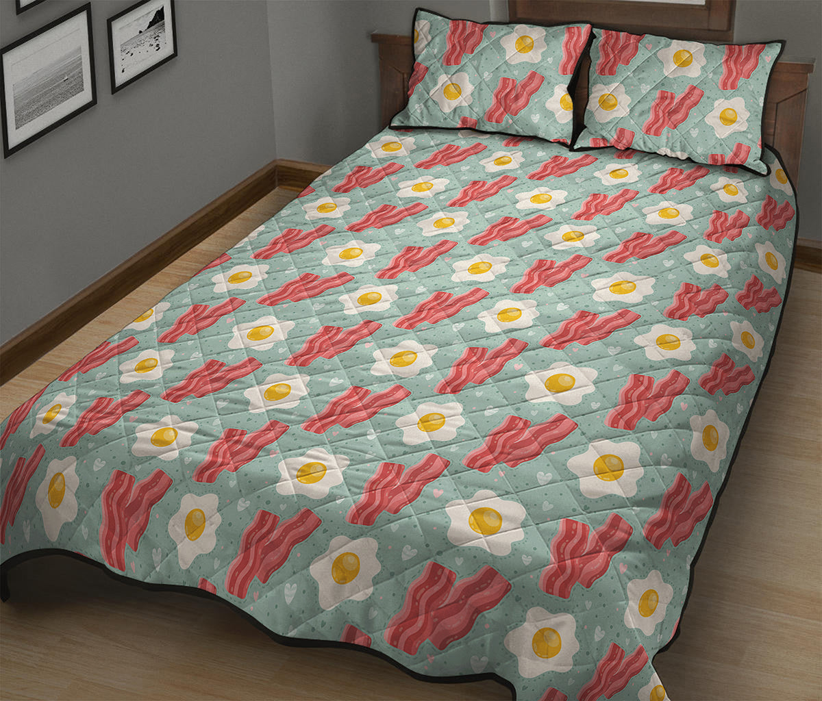 Blue Fried Egg And Bacon Pattern Print Quilt Bed Set