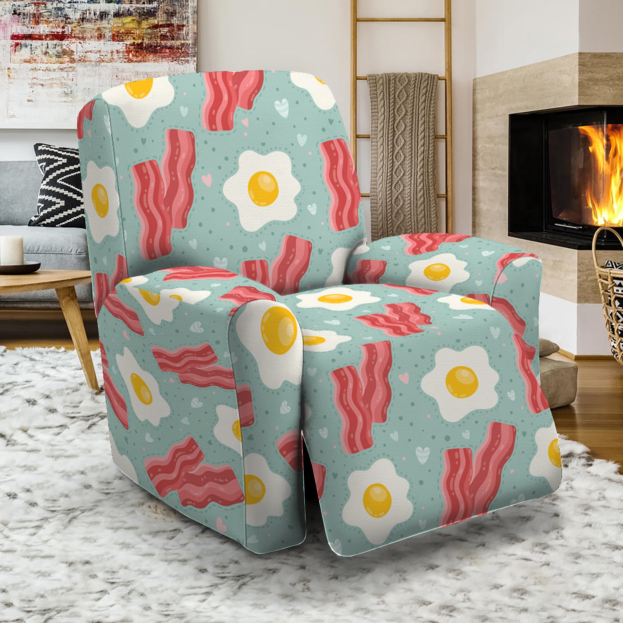 Blue Fried Egg And Bacon Pattern Print Recliner Slipcover