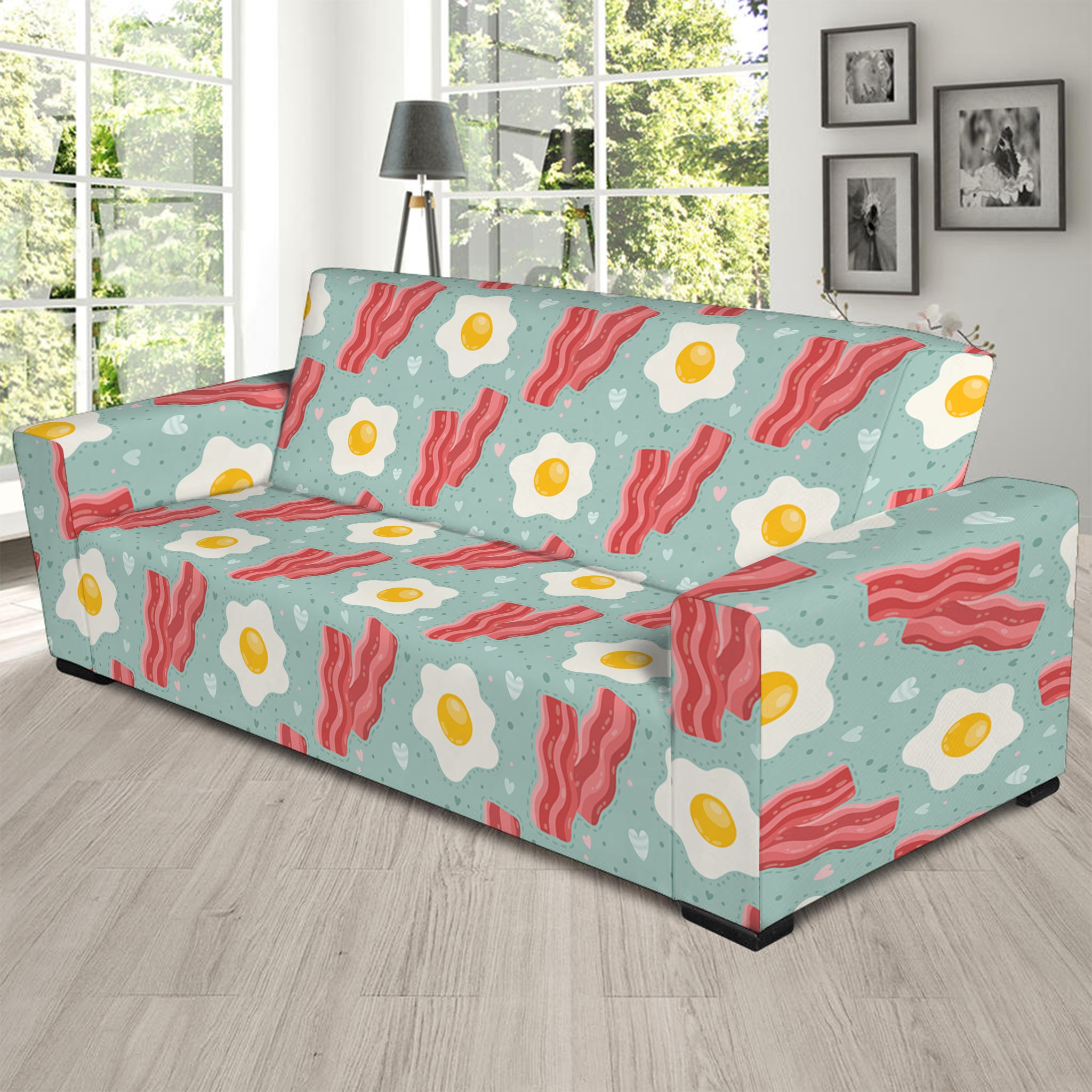 Blue Fried Egg And Bacon Pattern Print Sofa Slipcover