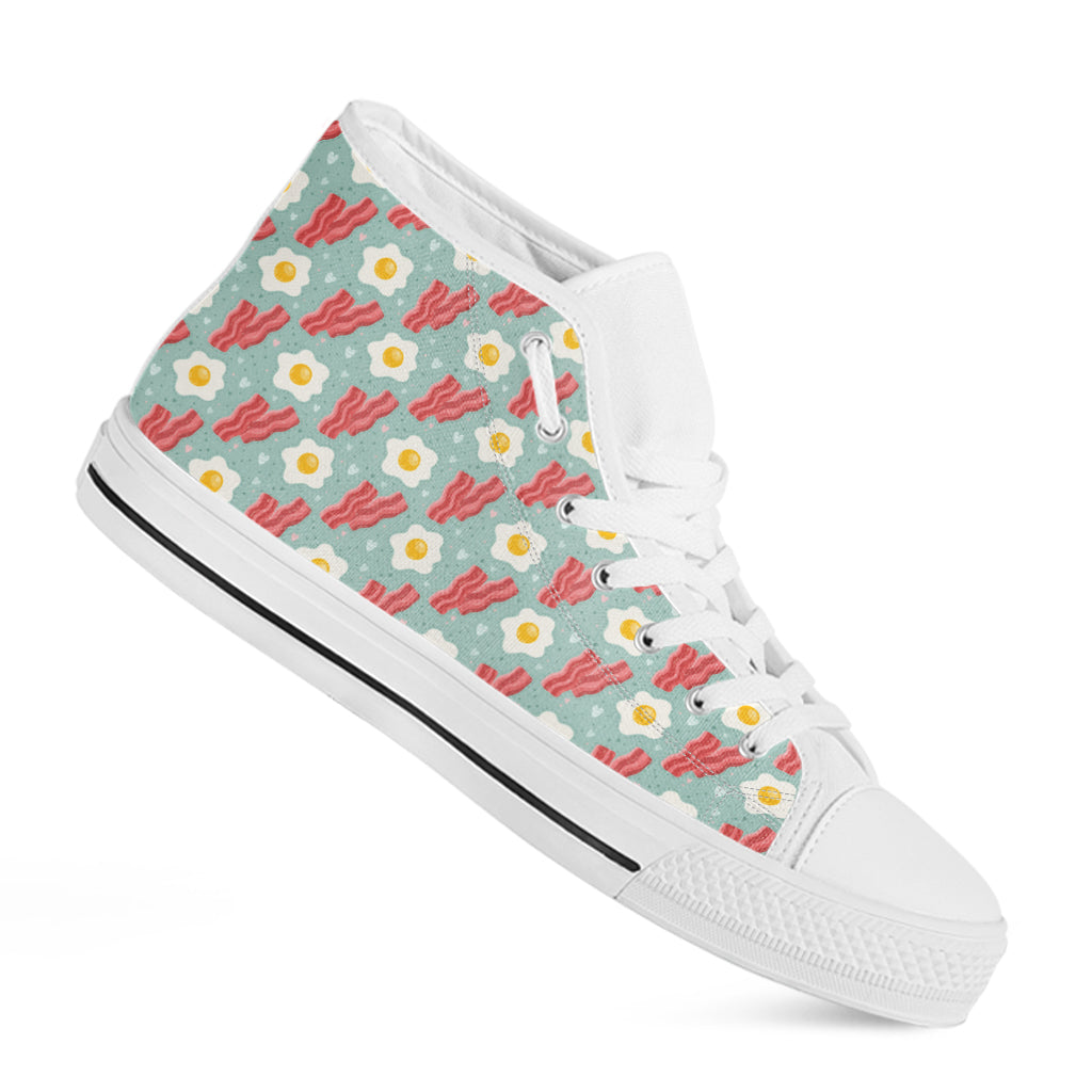 Blue Fried Egg And Bacon Pattern Print White High Top Shoes