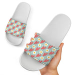 Blue Fried Egg And Bacon Pattern Print White Slide Sandals