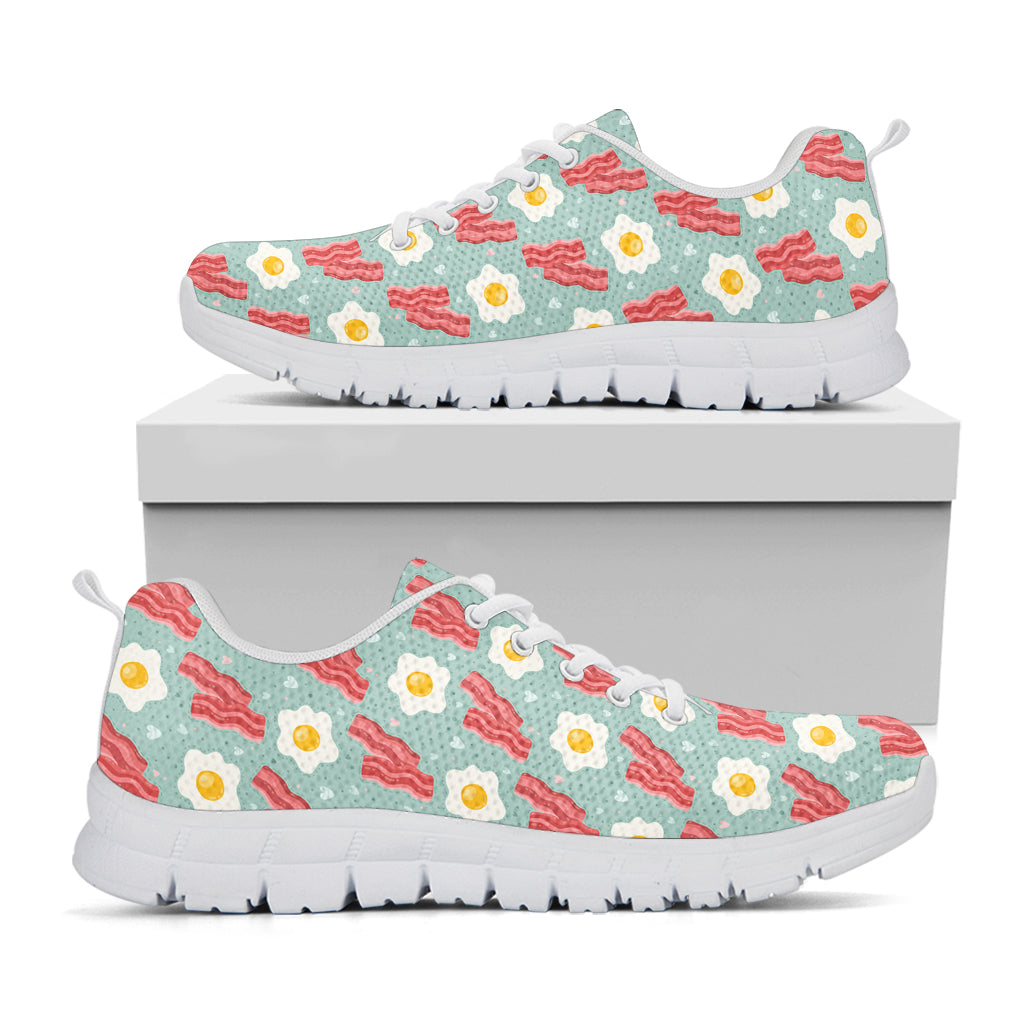 Blue Fried Egg And Bacon Pattern Print White Sneakers