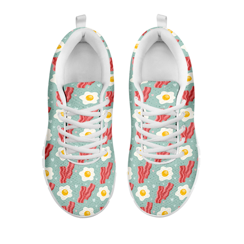 Blue Fried Egg And Bacon Pattern Print White Sneakers