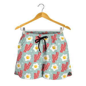 Blue Fried Egg And Bacon Pattern Print Women's Shorts