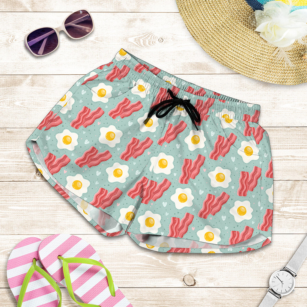 Blue Fried Egg And Bacon Pattern Print Women's Shorts