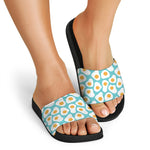 Blue Fried Eggs Pattern Print Black Slide Sandals
