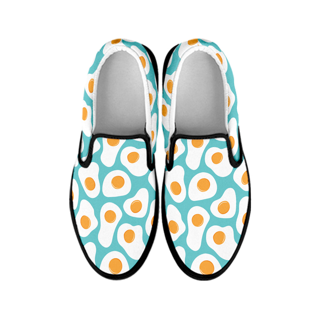 Blue Fried Eggs Pattern Print Black Slip On Shoes