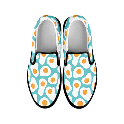Blue Fried Eggs Pattern Print Black Slip On Shoes