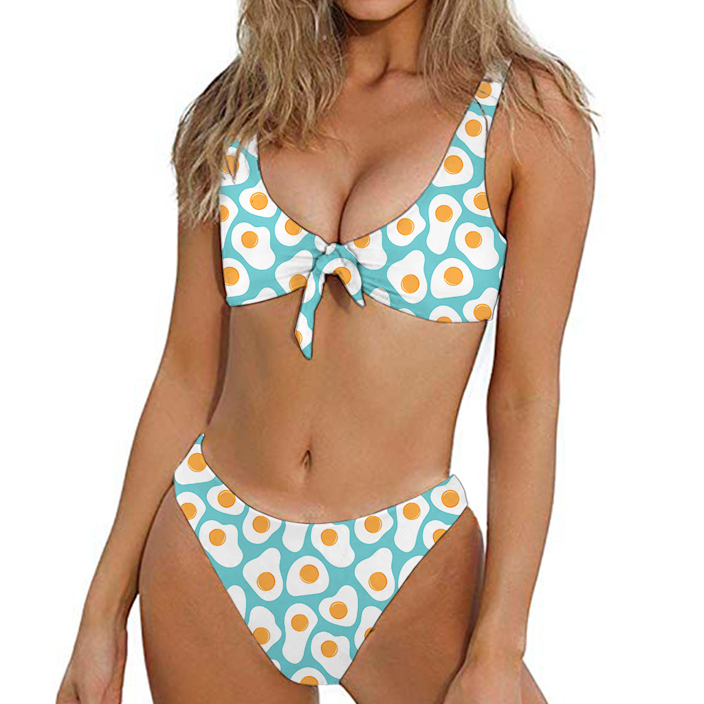 Blue Fried Eggs Pattern Print Front Bow Tie Bikini
