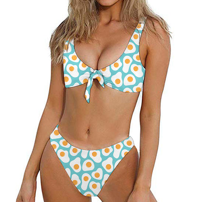 Blue Fried Eggs Pattern Print Front Bow Tie Bikini