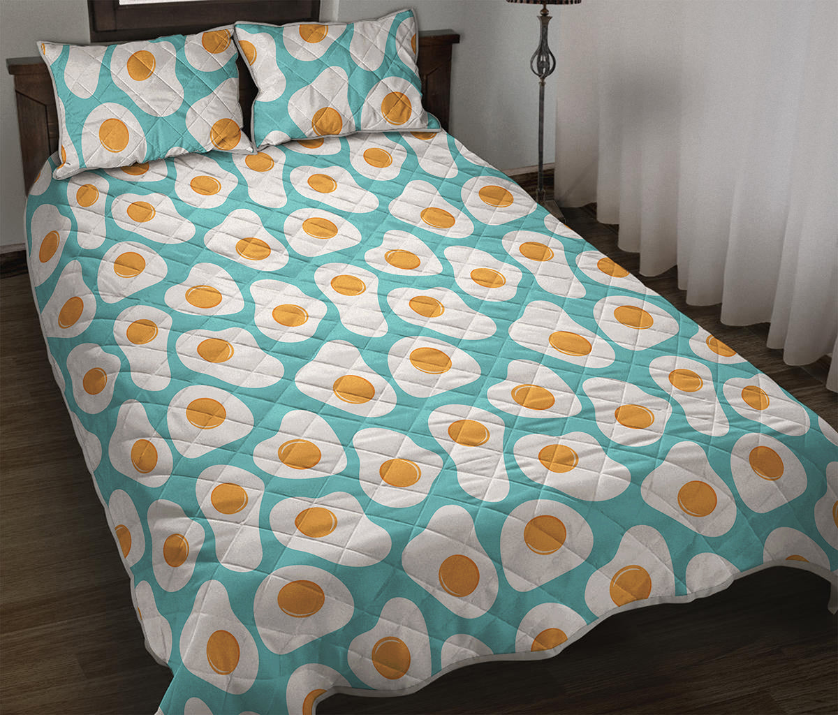Blue Fried Eggs Pattern Print Quilt Bed Set