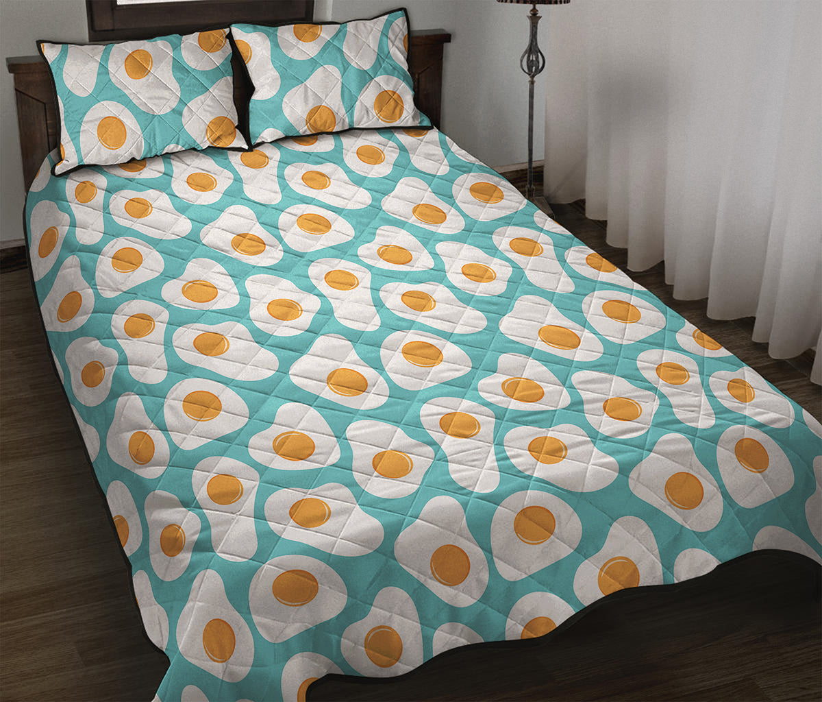 Blue Fried Eggs Pattern Print Quilt Bed Set