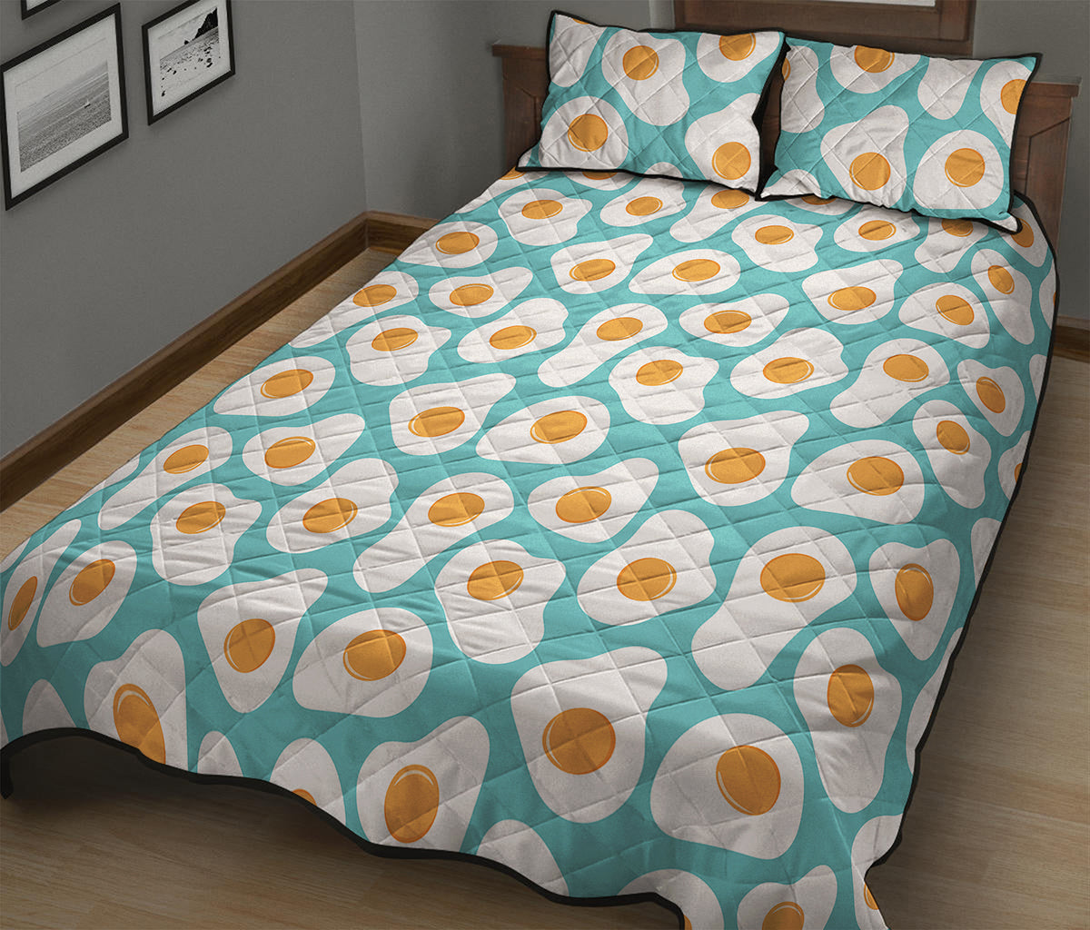 Blue Fried Eggs Pattern Print Quilt Bed Set
