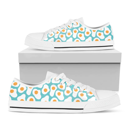 Blue Fried Eggs Pattern Print White Low Top Shoes