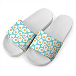Blue Fried Eggs Pattern Print White Slide Sandals
