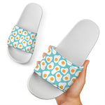 Blue Fried Eggs Pattern Print White Slide Sandals