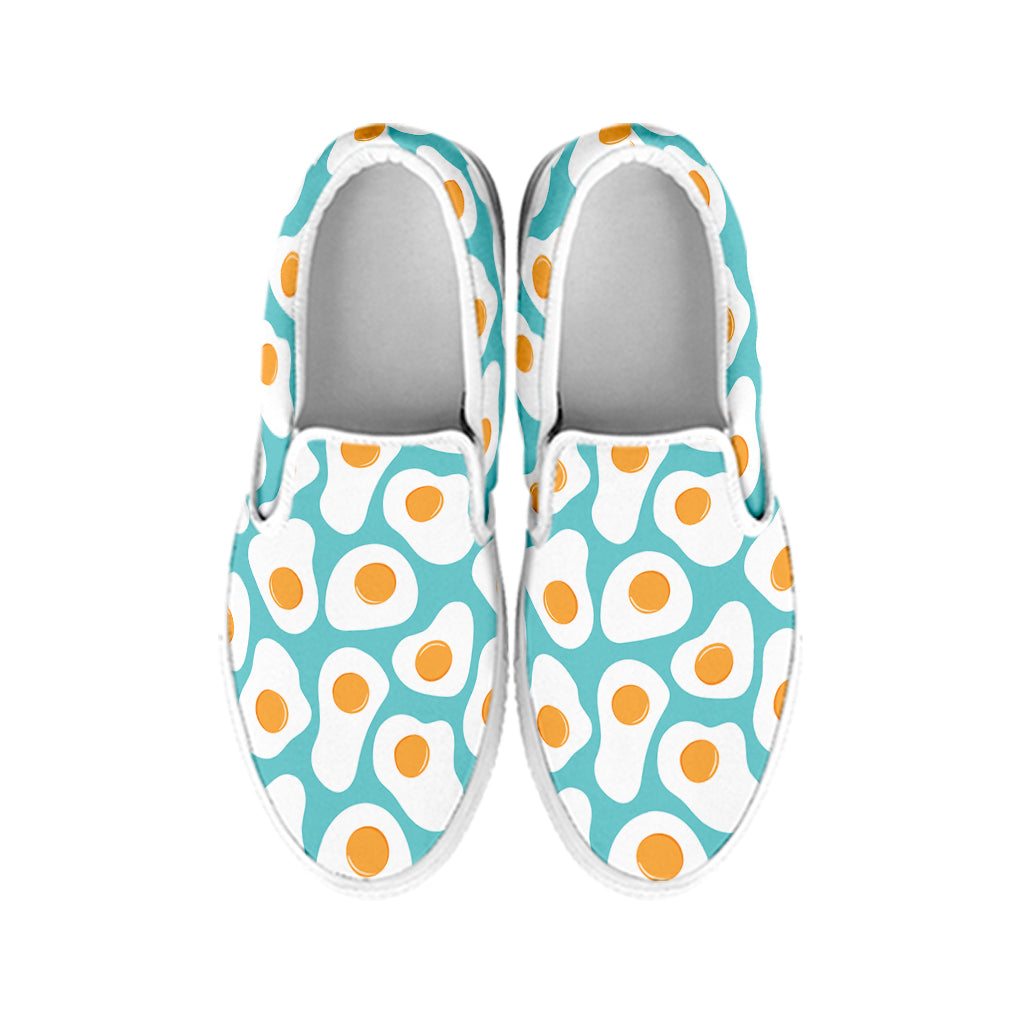 Blue Fried Eggs Pattern Print White Slip On Shoes