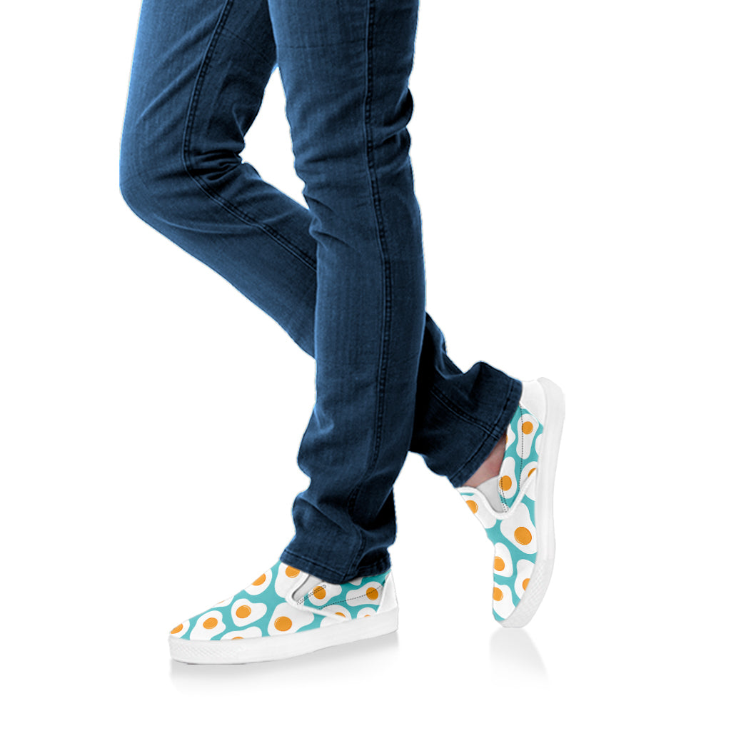 Blue Fried Eggs Pattern Print White Slip On Shoes