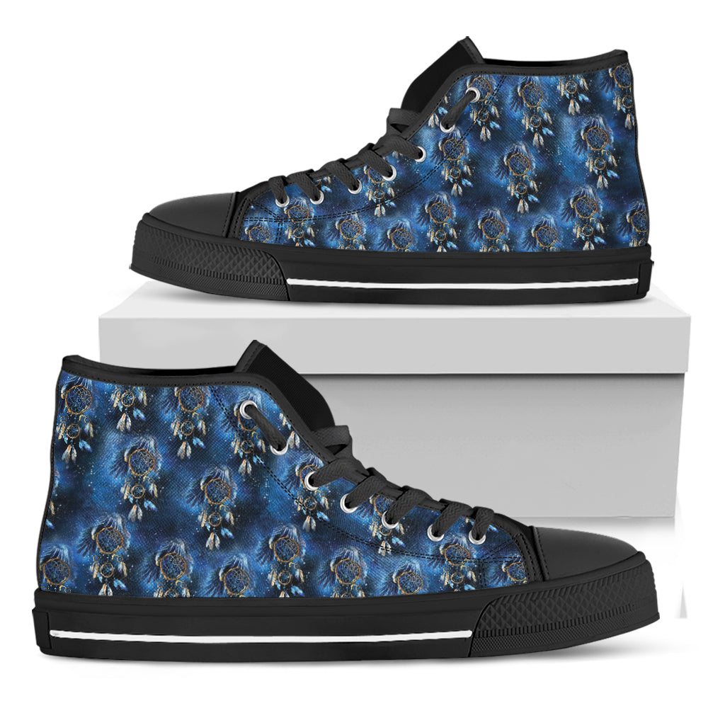 Blue Galaxy Dream Catcher Pattern Print Black High Top Shoes