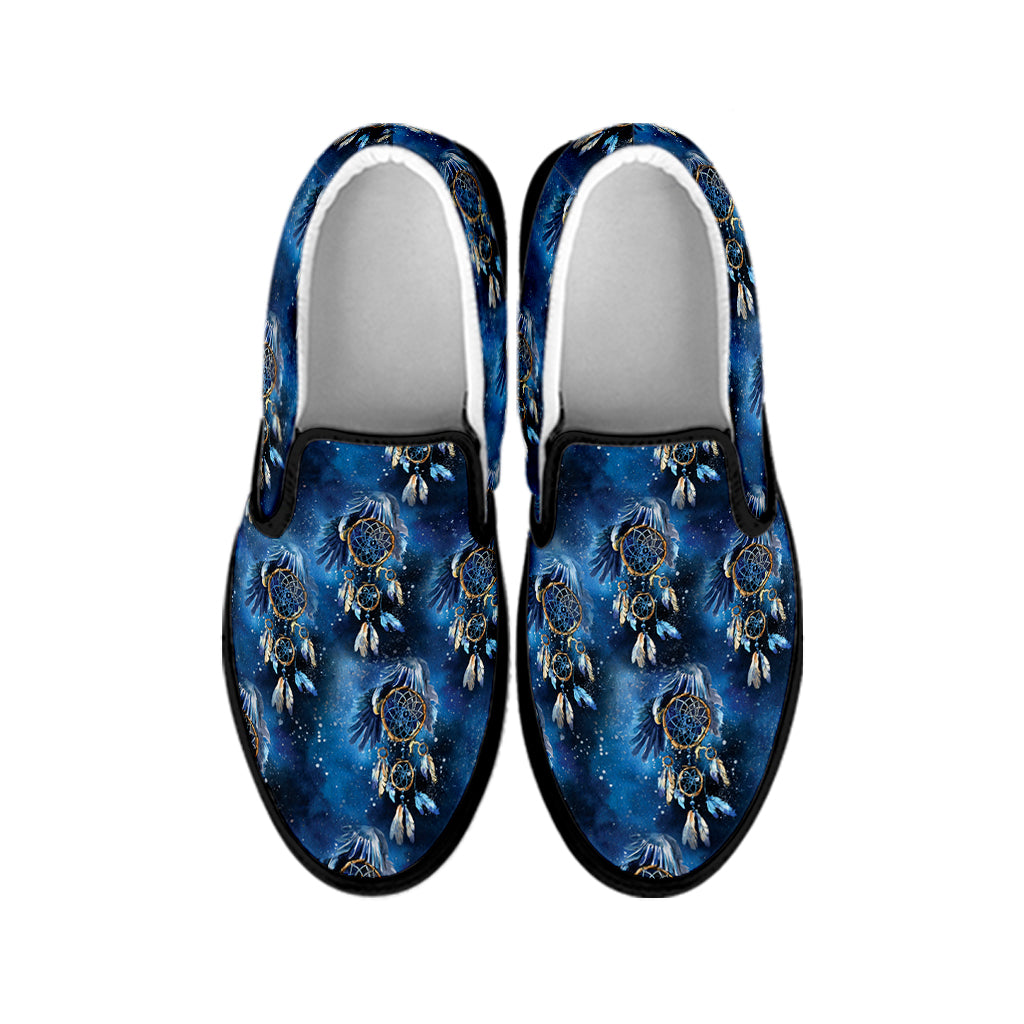 Blue Galaxy Dream Catcher Pattern Print Black Slip On Shoes