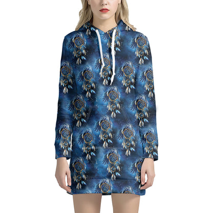 Blue Galaxy Dream Catcher Pattern Print Hoodie Dress