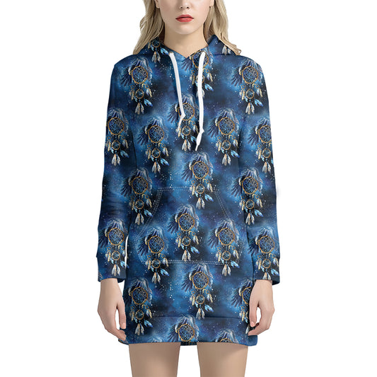 Blue Galaxy Dream Catcher Pattern Print Hoodie Dress