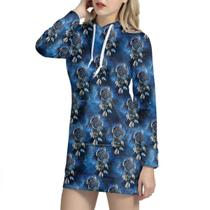 Blue Galaxy Dream Catcher Pattern Print Hoodie Dress