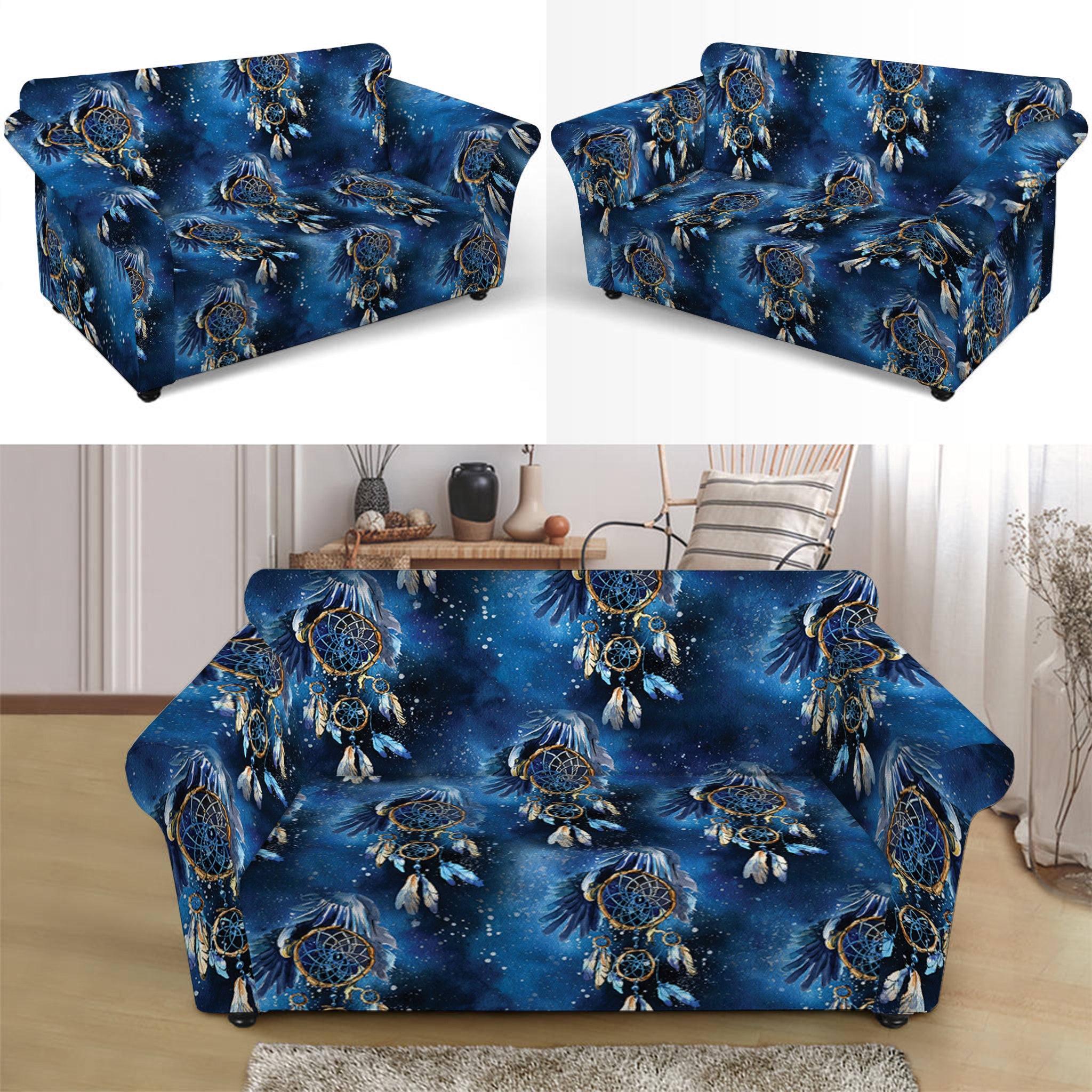 Blue Galaxy Dream Catcher Pattern Print Loveseat Slipcover