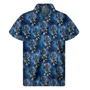 Blue Galaxy Dream Catcher Pattern Print Men's Short Sleeve Shirt