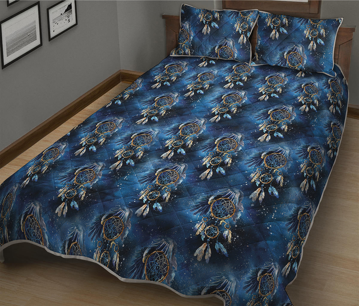 Blue Galaxy Dream Catcher Pattern Print Quilt Bed Set