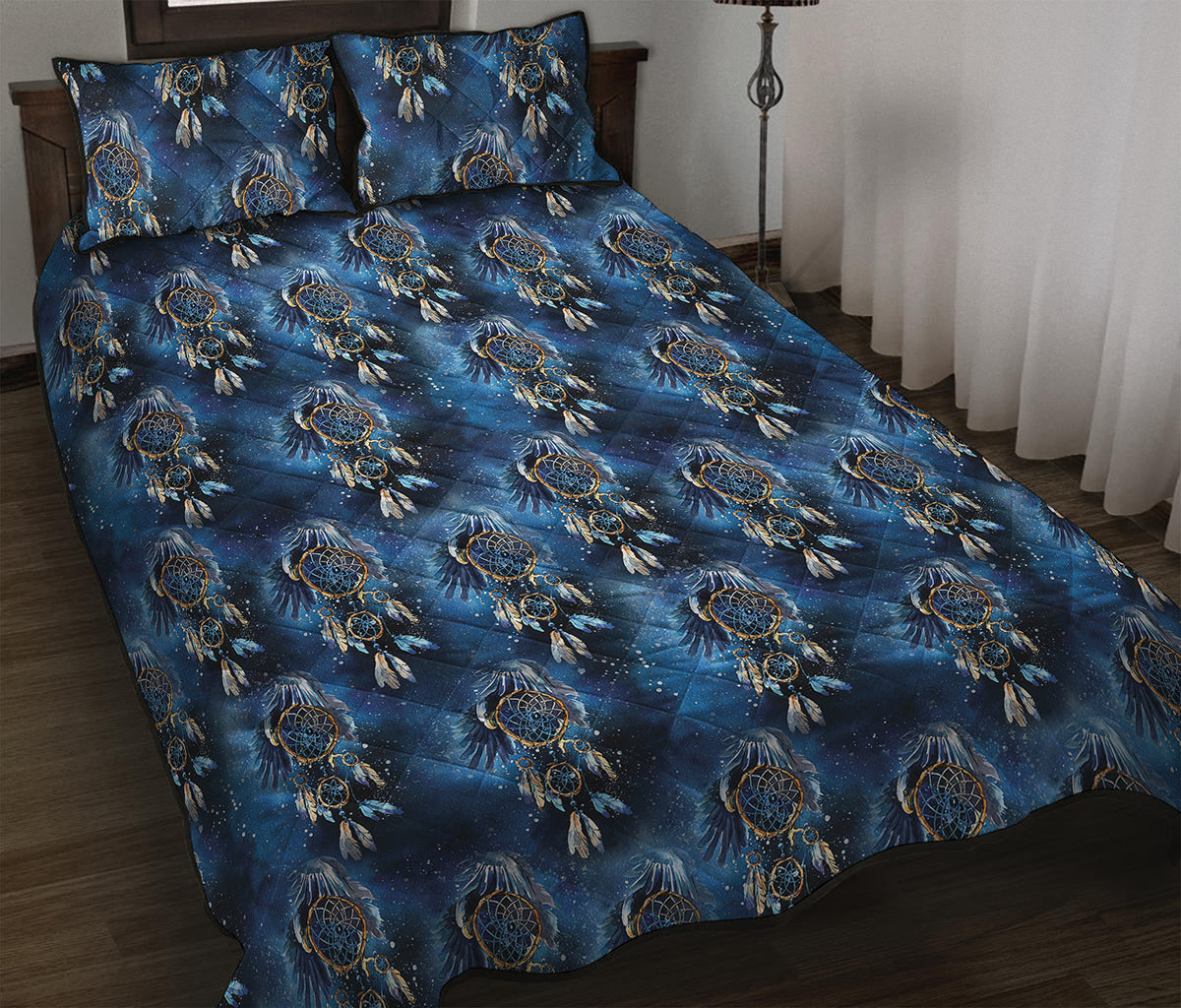 Blue Galaxy Dream Catcher Pattern Print Quilt Bed Set