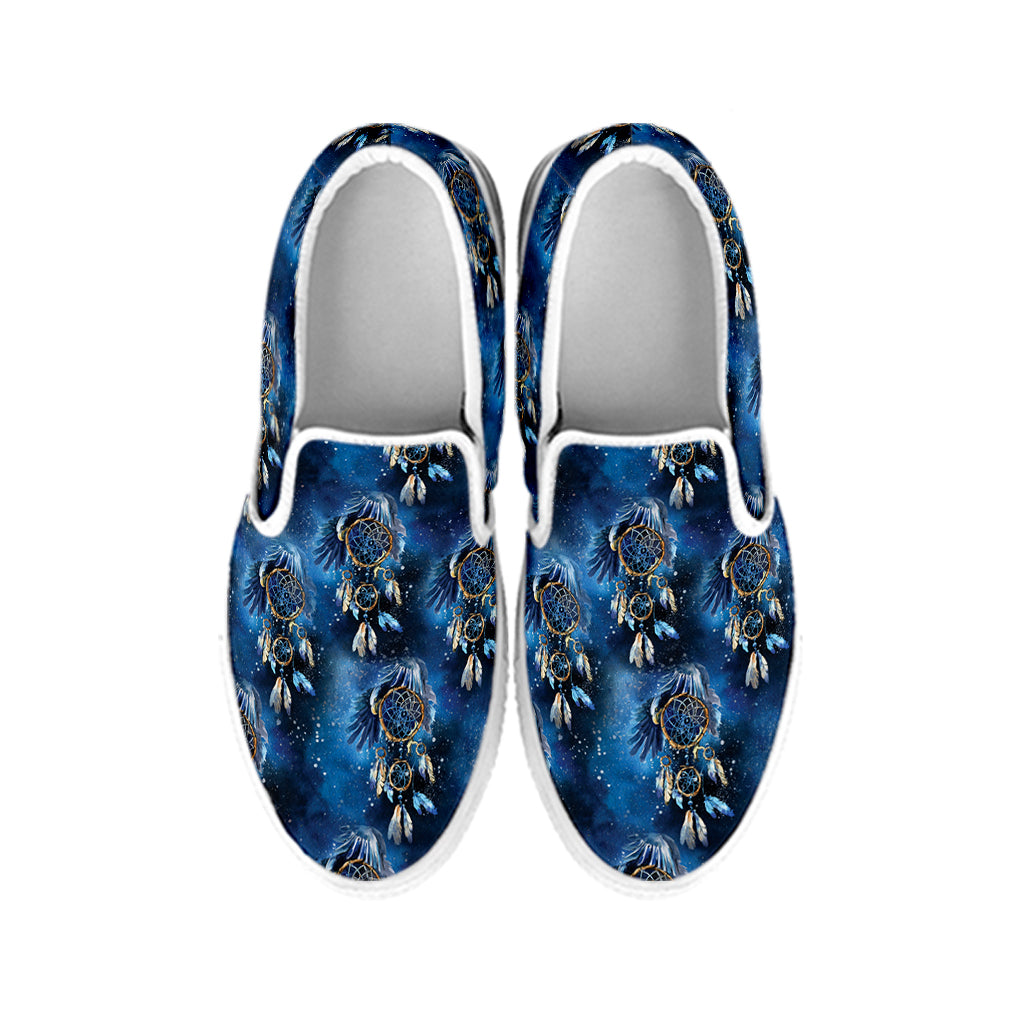 Blue Galaxy Dream Catcher Pattern Print White Slip On Shoes