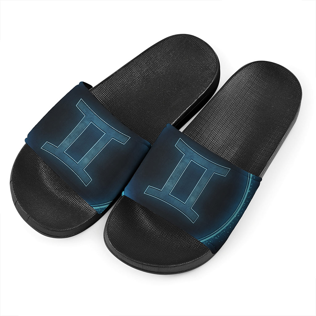 Blue Gemini Zodiac Sign Print Black Slide Sandals