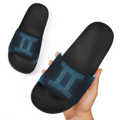 Blue Gemini Zodiac Sign Print Black Slide Sandals