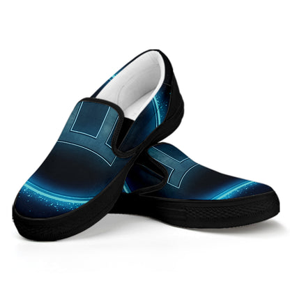 Blue Gemini Zodiac Sign Print Black Slip On Shoes