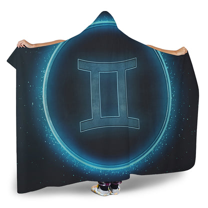 Blue Gemini Zodiac Sign Print Hooded Blanket