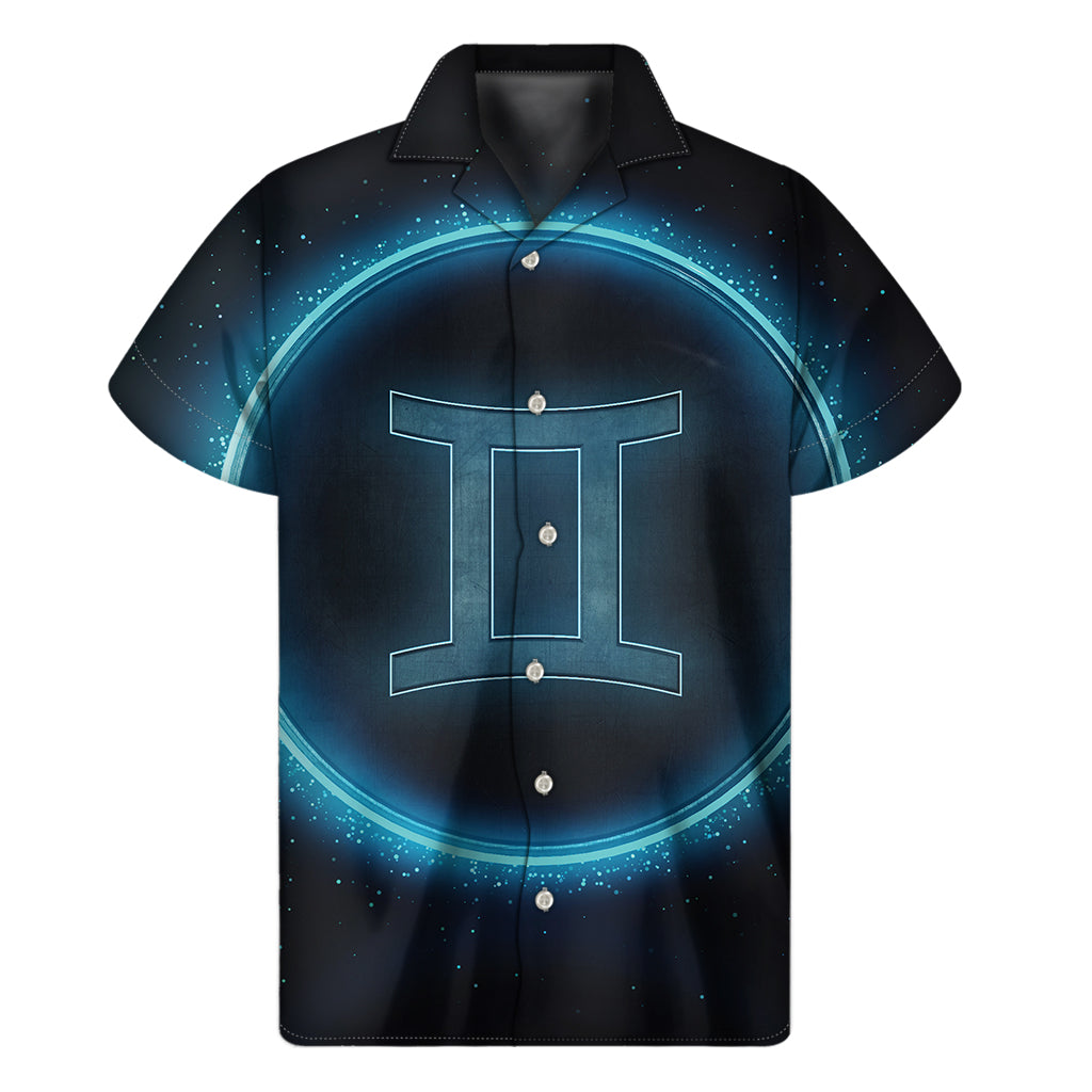 Blue Gemini Zodiac Sign Print Men's Short Sleeve Shirt