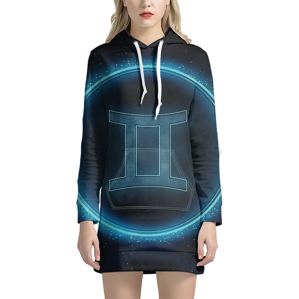 Blue Gemini Zodiac Sign Print Pullover Hoodie Dress