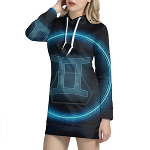 Blue Gemini Zodiac Sign Print Pullover Hoodie Dress