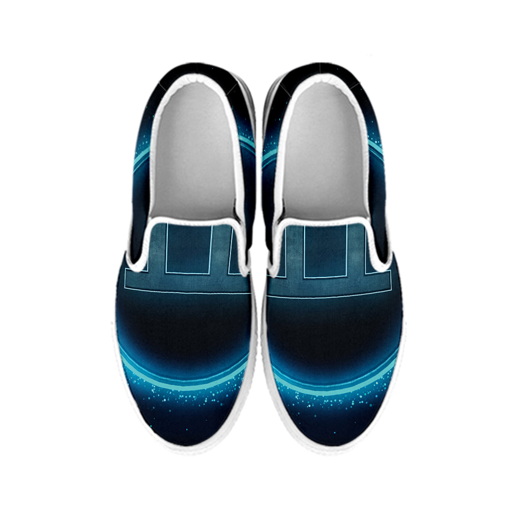 Blue Gemini Zodiac Sign Print White Slip On Shoes