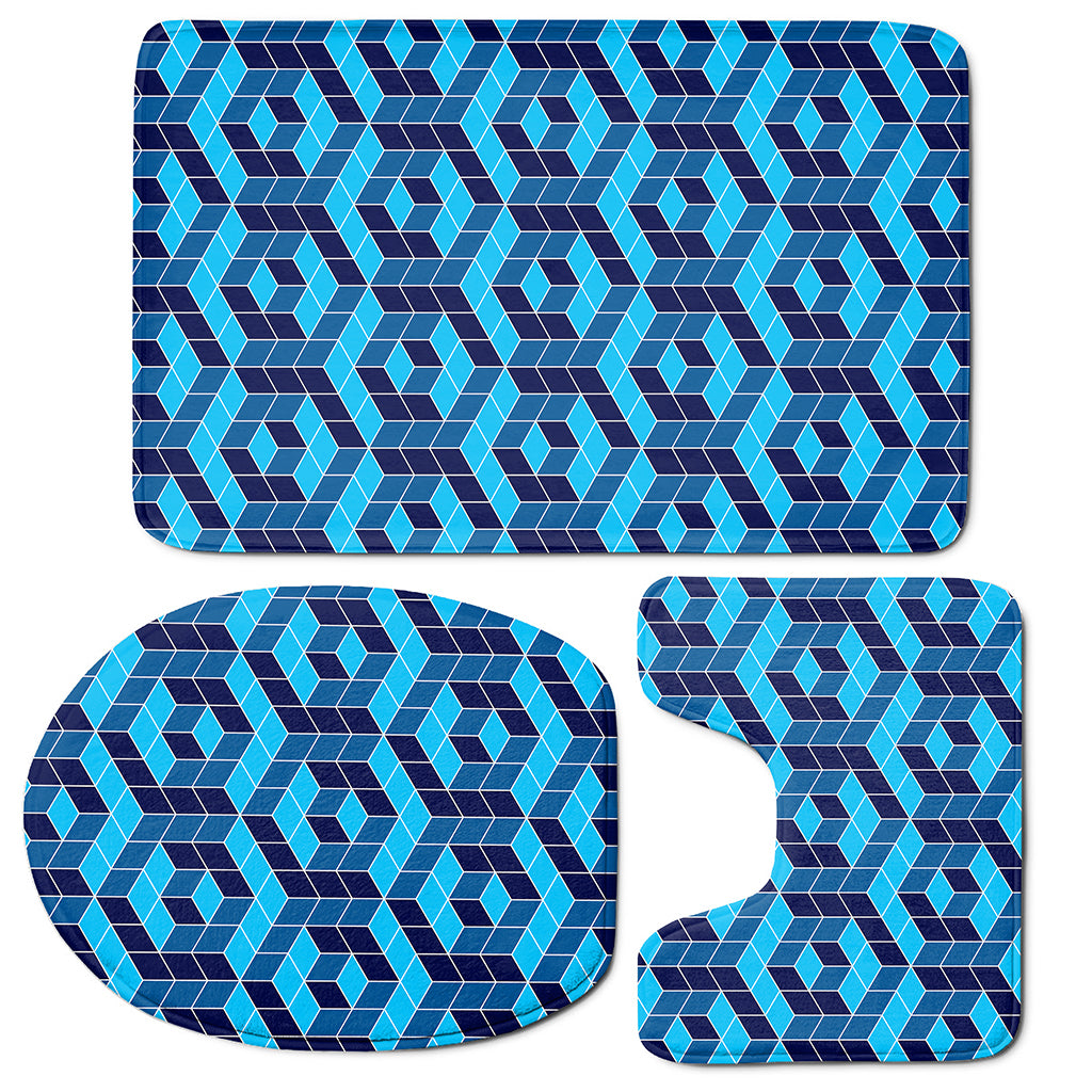 Blue Geometric Cube Shape Pattern Print 3 Piece Bath Mat Set