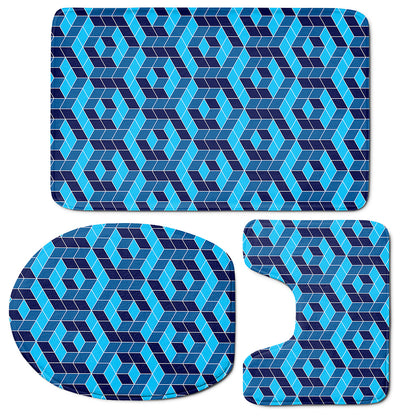 Blue Geometric Cube Shape Pattern Print 3 Piece Bath Mat Set
