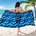 Blue Geometric Cube Shape Pattern Print Beach Sarong Wrap