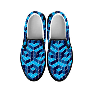 Blue Geometric Cube Shape Pattern Print Black Slip On Shoes