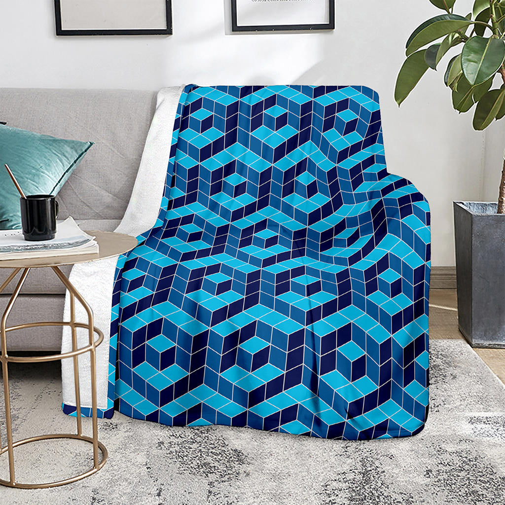 Blue Geometric Cube Shape Pattern Print Blanket