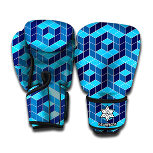 Blue Geometric Cube Shape Pattern Print Boxing Gloves