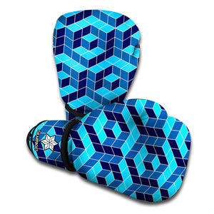 Blue Geometric Cube Shape Pattern Print Boxing Gloves